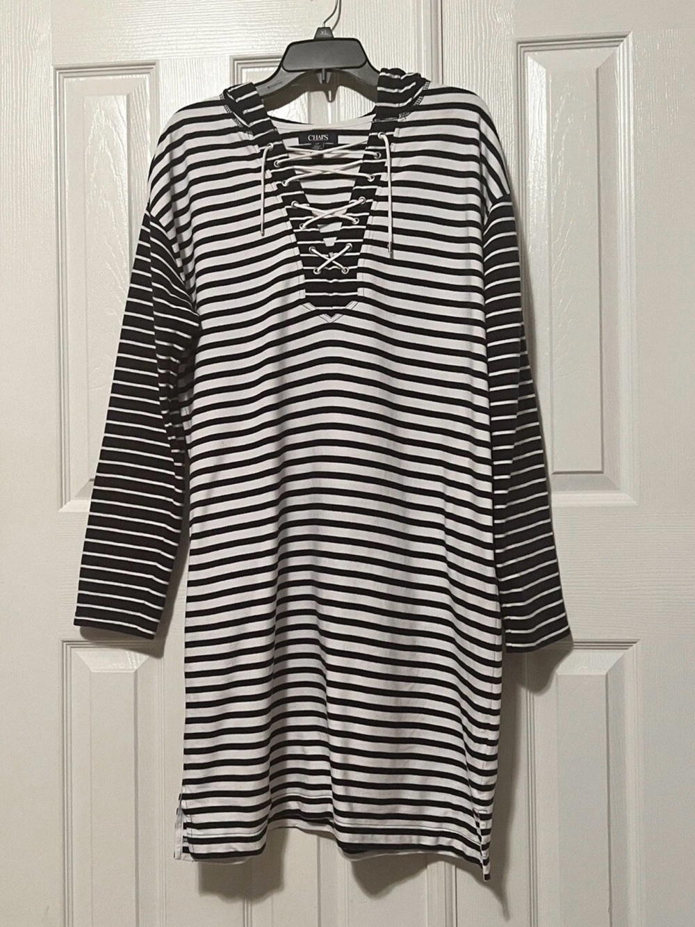 Chaps Blue and White Striped Lace-Up Hoodie Dress